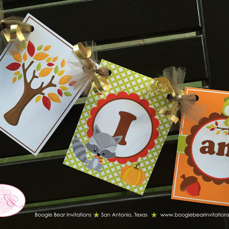 Fall Woodland Animals Highchair I am 1 Banner Birthday Party Squirrel Fox Forest Pumpkin Boy Girl Boogie Bear Invitations Autumn Rae Theme