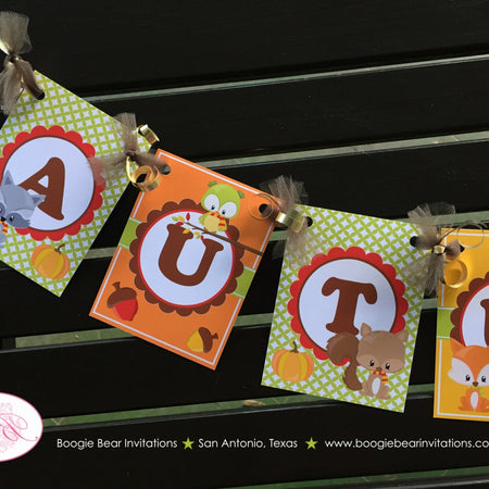 Fall Woodland Animals Birthday Banner Party Small Girl Boy Owl Squirrel Fox Forest Pumpkin Harvest Boogie Bear Invitations Autumn Rae Theme