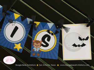 Werewolf Boy Birthday Name Banner Party Halloween Yellow Blue Black Bat Full Moon Howl Wolf Forest Woods Boogie Bear Invitations Boris Theme