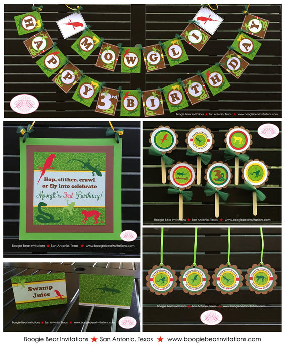 Rainforest Birthday Party Package Reptile Jungle Girl Boy Snake Gecko Frog Parrot Wild Zoo Rain Forest Boogie Bear Invitations Mowgli Theme