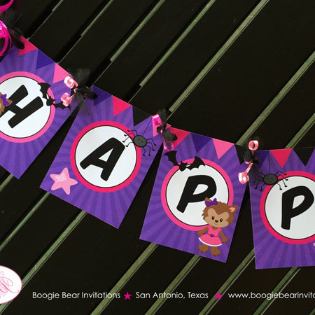Pink Werewolf Happy Birthday Banner Halloween Party Purple Black Full Moon Bat Wolf Howl Lycanthrope Boogie Bear Invitations Sylvie Theme