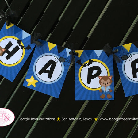 Blue Werewolf Boy Happy Birthday Banner Halloween Party Yellow Black Bat Wild Wolf Lycanthrope Full Moon Boogie Bear Invitations Boris Theme
