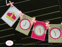 Load image into Gallery viewer, Pink Gold Princess Birthday Name Banner Girl Ribbon Crown Glitter Scallop Royal Queen Castle Bear Invitations Jaynece Theme