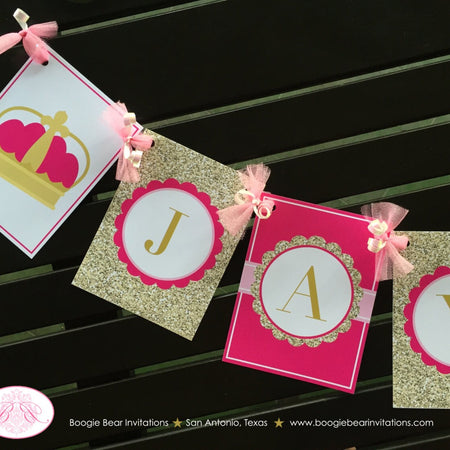 Pink Gold Princess Birthday Name Banner Girl Ribbon Crown Glitter Scallop Royal Queen Castle Bear Invitations Jaynece Theme