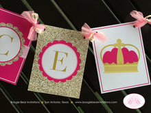 Load image into Gallery viewer, Pink Gold Princess Birthday Name Banner Girl Ribbon Crown Glitter Scallop Royal Queen Castle Bear Invitations Jaynece Theme