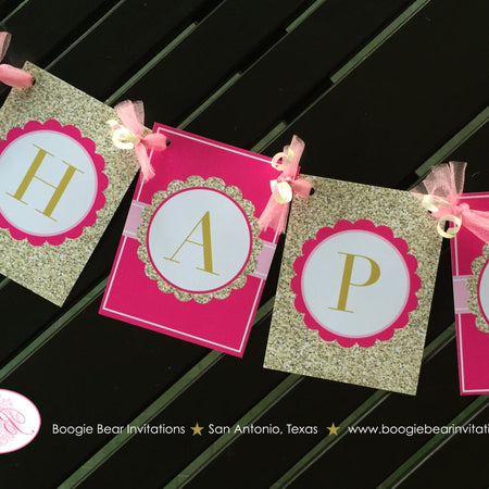 Pink Gold Princess Happy Birthday Banner Girl Ribbon Crown Glitter Ball Royal Queen Castle Magic Fairy Boogie Bear Invitations Jaynece Theme