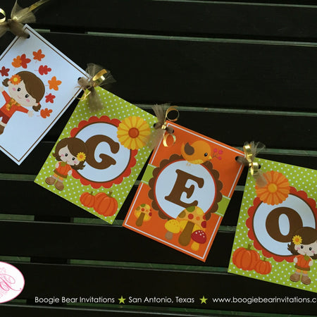 Autumn Harvest Girl Birthday Name Banner Fall Party Forest Pumpkin Farm Barn Woodland Country Leaves Boogie Bear Invitations Georgia Theme