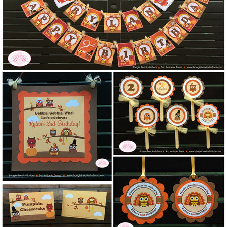 Thanksgiving Owls Birthday Party Package Fall Autumn Little Turkey Pumpkin Boy Girl Forest Creature Kids Boogie Bear Invitations Rylan Theme