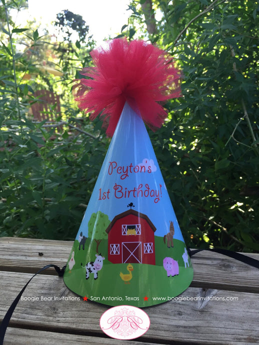 Barn Farm Animals Birthday Party Hat Red Green Country Pom Honoree Girl Boy Petting Zoo Rustic Ranch Boogie Bear Invitations Peyton Theme
