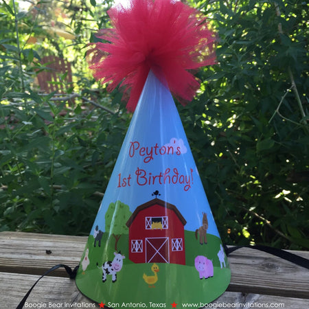 Barn Farm Animals Birthday Party Hat Red Green Country Pom Honoree Girl Boy Petting Zoo Rustic Ranch Boogie Bear Invitations Peyton Theme