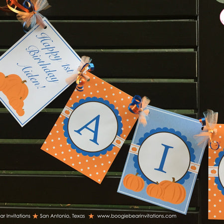 Blue Pumpkin Birthday Party Name Banner Little Boy Dot Light Soft Farm Orange Halloween 1st 2nd 3rd 4th Boogie Bear Invitations Aiden Theme