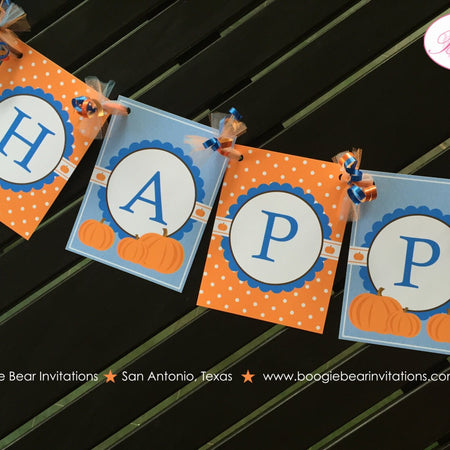 Blue Pumpkin Happy Birthday Party Banner Little Boy Dot Fall Autumn Orange Halloween 1st 2nd 3rd 4th 5th Boogie Bear Invitations Aiden Theme