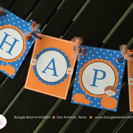 Blue Pumpkin Happy Birthday Party Banner Little Boy Dot Fall Autumn Orange Halloween Farm Barn 1st 2nd Boogie Bear Invitations Colin Theme