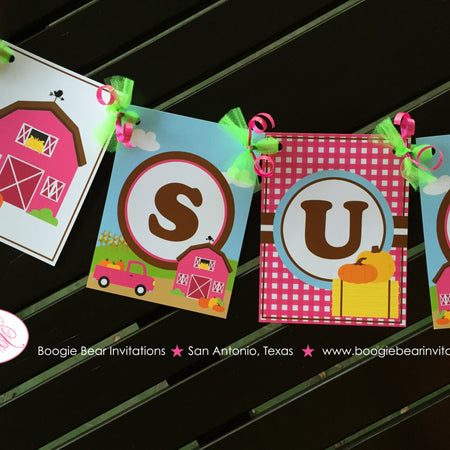 Pink Farm Pumpkin Party Name Banner Birthday Barn Girl Fall Ranch 1st 2nd 3rd 4th 5th 6th 7th 8th 9th Boogie Bear Invitations Susannah Theme