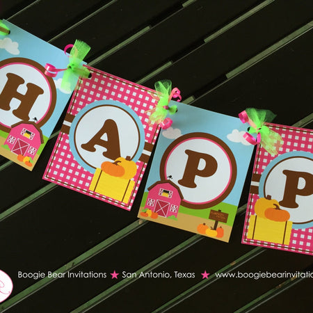 Pink Farm Pumpkin Birthday Party Banner Happy Barn Tractor Girl Picking Fall Autumn Harvest Truck Kid Boogie Bear Invitations Susannah Theme