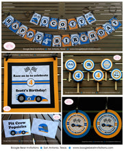 Load image into Gallery viewer, Race Car Driver Birthday Party Package Orange Blue Black Happy Door Banner Cupcake Toppers Favor Tags Boogie Bear Invitations Scott Theme