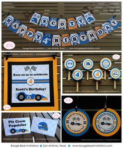 Race Car Driver Birthday Party Package Orange Blue Black Happy Door Banner Cupcake Toppers Favor Tags Boogie Bear Invitations Scott Theme