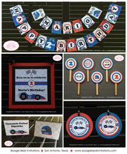 Load image into Gallery viewer, Race Car Driver Birthday Party Package Red Blue Black Happy Banner Racing Track Boy Girl Checkered Flag Boogie Bear Invitations Mario Theme