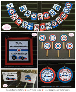 Race Car Driver Birthday Party Package Red Blue Black Happy Banner Racing Track Boy Girl Checkered Flag Boogie Bear Invitations Mario Theme