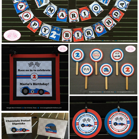 Race Car Driver Birthday Party Package Red Blue Black Happy Banner Racing Track Boy Girl Checkered Flag Boogie Bear Invitations Mario Theme