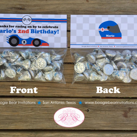 Race Car Birthday Party Treat Bag Toppers Folded Favor Label Boy Girl Red Black Blue Diver Helmet Racing Boogie Bear Invitations Mario Theme