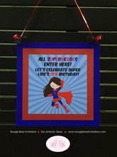 Load image into Gallery viewer, Super Girl Happy Birthday Door Banner Superhero Red Blue Pow Cape Supergirl Flying Cityscape Hero Power Boogie Bear Invitations Lois Theme