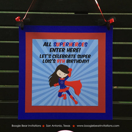 Super Girl Happy Birthday Door Banner Superhero Red Blue Pow Cape Supergirl Flying Cityscape Hero Power Boogie Bear Invitations Lois Theme