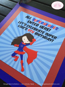 Super Girl Happy Birthday Door Banner Superhero Red Blue Pow Cape Supergirl Flying Cityscape Hero Power Boogie Bear Invitations Lois Theme