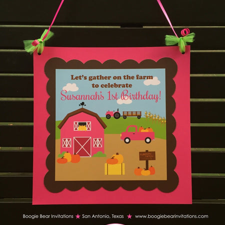 Pink Farm Pumpkin Birthday Door Banner Girl Autumn Barn Tractor Truck Hay Ride Corn Maze Country BBQ Boogie Bear Invitations Susannah Theme
