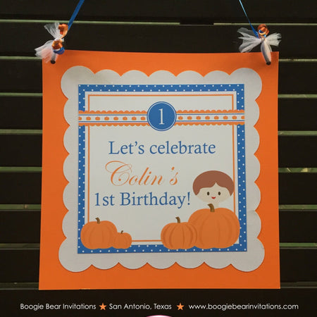 Blue Pumpkin Party Door Banner Birthday Boy Fall Orange Polka Dot Farm Harvest Picking Autumn Barn Ranch Boogie Bear Invitations Colin Theme