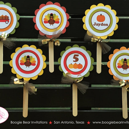Little Turkey Birthday Cupcake Toppers Party Thanksgiving Pumpkin Fall Autumn Harvest Wagon Boy Girl Boogie Bear Invitations Jayden Theme
