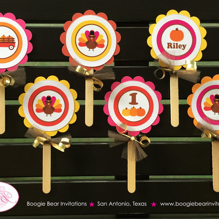 Little Pink Turkey Cupcake Toppers Party Birthday Thanksgiving Pumpkin Autumn Girl Fall Picking Carving Boogie Bear Invitations Riley Theme