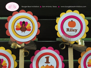 Little Pink Turkey Cupcake Toppers Party Birthday Thanksgiving Pumpkin Autumn Girl Fall Picking Carving Boogie Bear Invitations Riley Theme