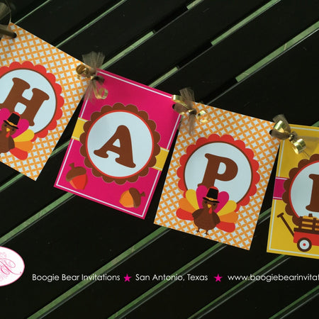 Little Pink Turkey Happy Birthday Banner Girl Party Fall Wagon Pumpkin Bird Thanksgiving Farm Barn Girl Boogie Bear Invitations Riley Theme