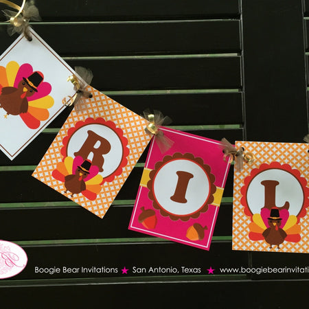 Little Pink Turkey Birthday Name Banner Fall Party Farm Wagon Pumpkin Bird Girl Thanksgiving Fall Autumn Boogie Bear Invitations Riley Theme