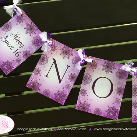 Sweet 16 Birthday Party Name Banner Violet Lavender Snowflake Christmas Girl Teen 1st 21st 30th 40th Boogie Bear Invitations Noelle Theme