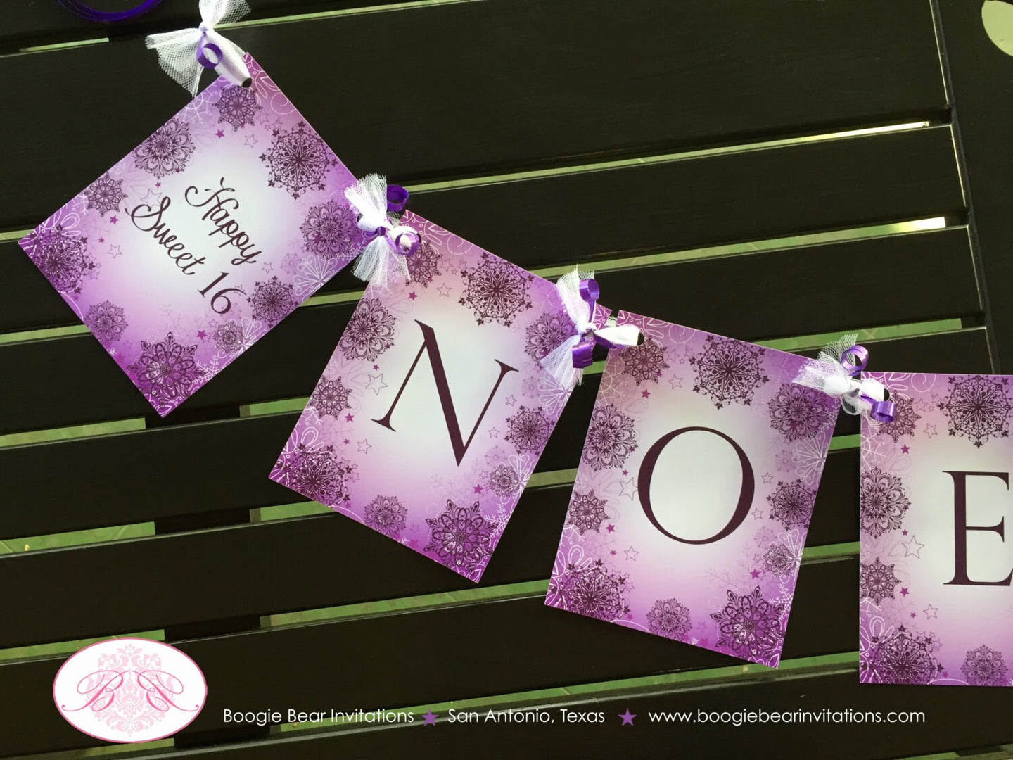 Sweet 16 Birthday Party Name Banner Violet Lavender Snowflake Christmas Girl Teen 1st 21st 30th 40th Boogie Bear Invitations Noelle Theme