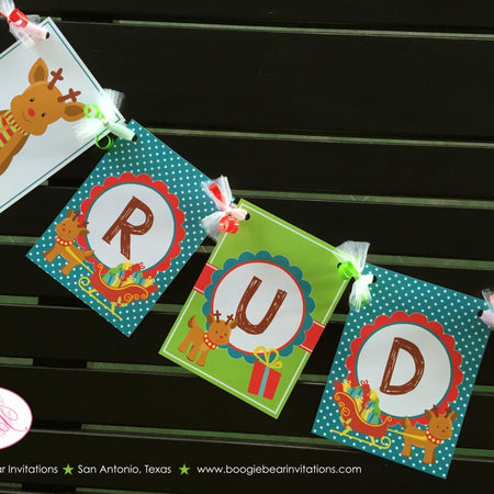 Little Reindeer Birthday Name Banner Party Girl Boy Christmas Winter Santa Sleigh Presents Red Nose Boogie Bear Invitations Rudolph Theme