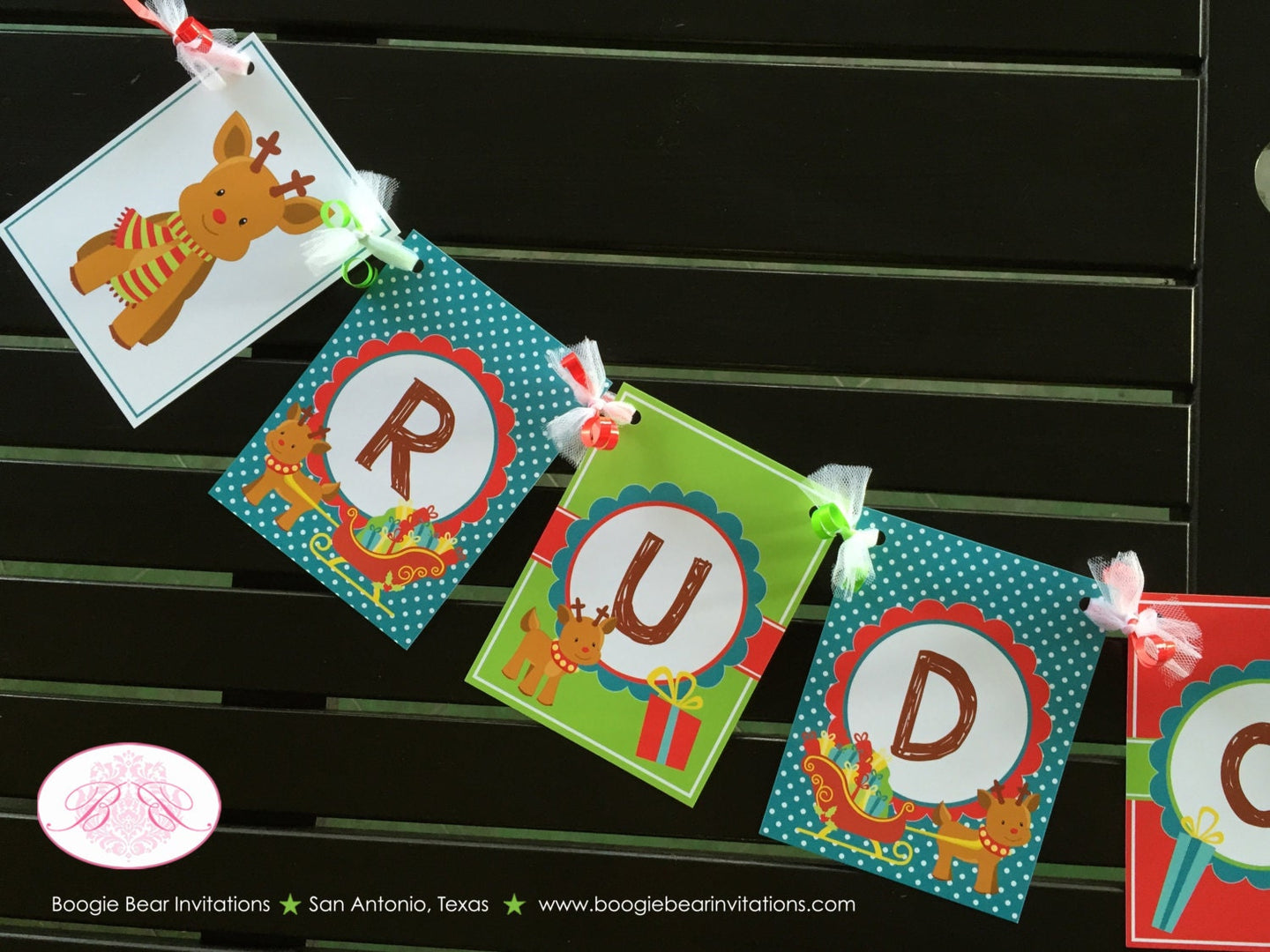 Little Reindeer Birthday Name Banner Party Girl Boy Christmas Winter Santa Sleigh Presents Red Nose Boogie Bear Invitations Rudolph Theme