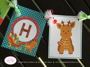 Little Reindeer Birthday Name Banner Party Girl Boy Christmas Winter Santa Sleigh Presents Red Nose Boogie Bear Invitations Rudolph Theme