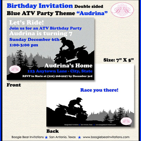 Blue ATV Birthday Party Invitation Quad All Terrain Vehicle 4 Wheeler Racing Track Girl Boy Boogie Bear Invitations Audrina Theme Printed