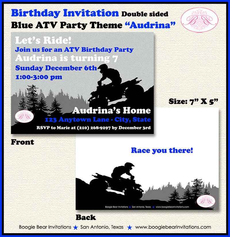 Blue ATV Birthday Party Invitation Quad All Terrain Vehicle 4 Wheeler Racing Track Girl Boy Boogie Bear Invitations Audrina Theme Printed