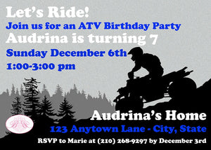 Blue ATV Birthday Party Invitation Quad All Terrain Vehicle 4 Wheeler Racing Track Girl Boy Boogie Bear Invitations Audrina Theme Printed