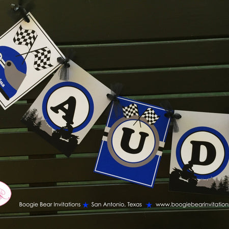 ATV 4 Wheel Birthday Party Name Banner Racing Blue Boy Girl All Terrain Vehicle Quad 4 Wheeler Racing Boogie Bear Invitations Audrina Theme