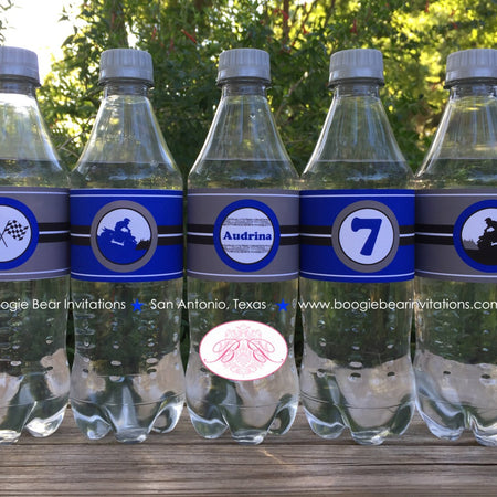 ATV Birthday Party Bottle Wraps Wrappers Cover Label Boy Girl Blue All Terrain Vehicle Quad 4 Wheeler Boogie Bear Invitations Audrina Theme