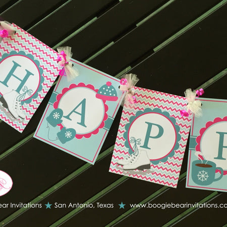 Ice Skating Happy Birthday Party Banner Pink Blue Girl Winter Skate Rink Snow 1st 4th 5th 6th 7th 8th 9th Boogie Bear Invitations Elsa Theme