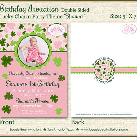 St. Patrick's Birthday Party Invitation Photo Shamrock Girl Pink Clover Kid Boogie Bear Invitations Shauna Theme Paperless Printable Printed