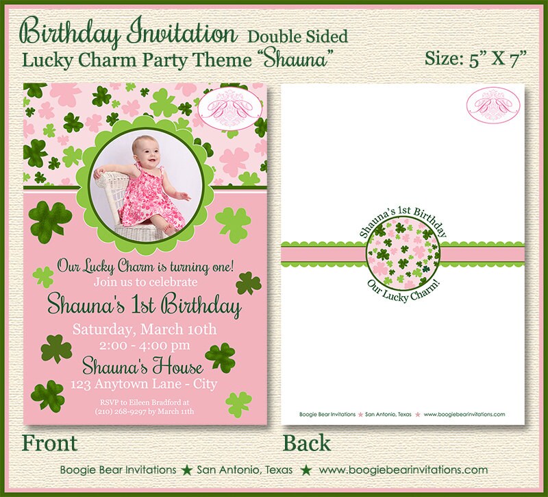 St. Patrick's Birthday Party Invitation Photo Shamrock Girl Pink Clover Kid Boogie Bear Invitations Shauna Theme Paperless Printable Printed