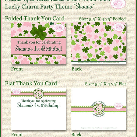 Lucky Charm Party Thank You Card Birthday Girl St. Patrick's Day Pink Green Shamrock Clover Boogie Bear Invitations Shauna Theme Printed