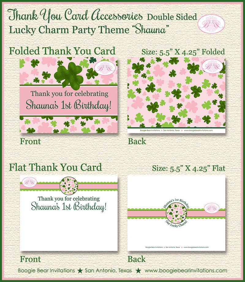 Lucky Charm Party Thank You Card Birthday Girl St. Patrick's Day Pink Green Shamrock Clover Boogie Bear Invitations Shauna Theme Printed